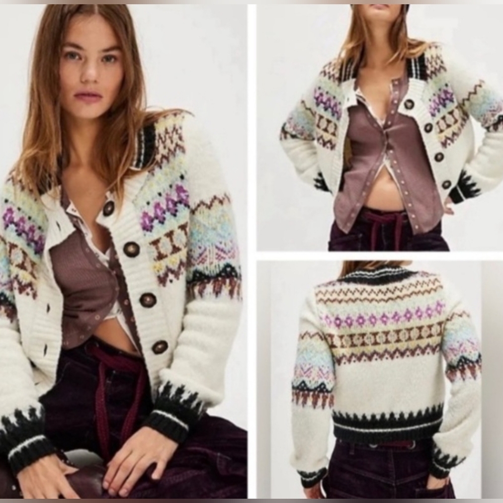 Free People Millie Cardi Cardigan Knit Fair Isle chunky Sweater S